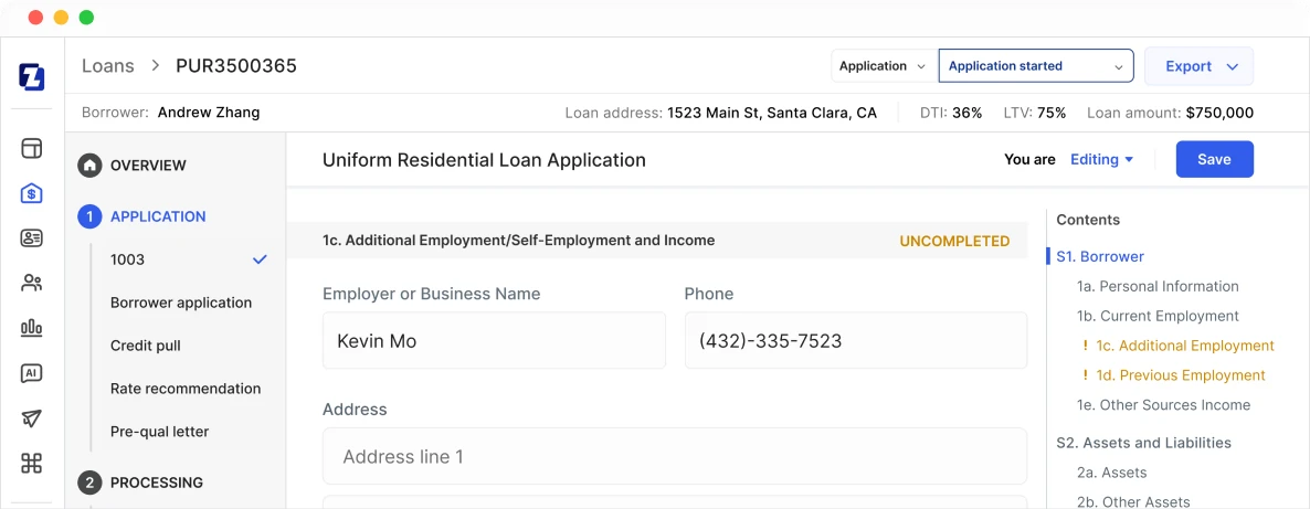 Digital 1003 showing a Uniform Residential Loan Application with its sections and export menu