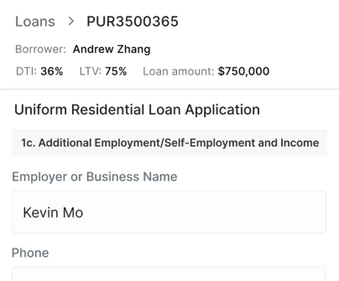 A loan in Zeitro with the borrower's DTI, LTV and loan amount, and a filled-in section of the Uniform Residential Loan Application