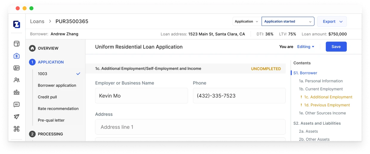 Zeitro Digital 1003 showing a borrower's Uniform Residential Loan Application with its sections and export menu