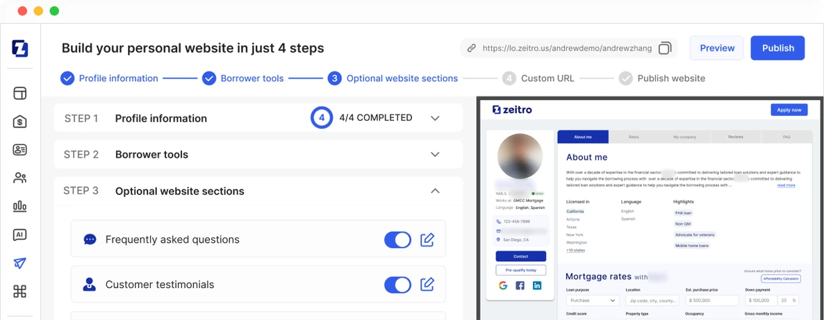 Personal website builder with a live preview of a loan officer page