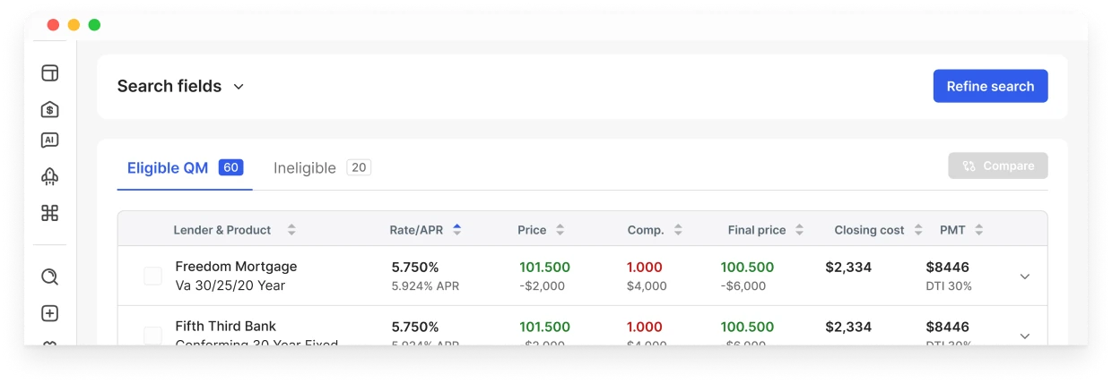Zeitro Pricing Engine listing eligible loan programs with rate, price and closing cost for each lender