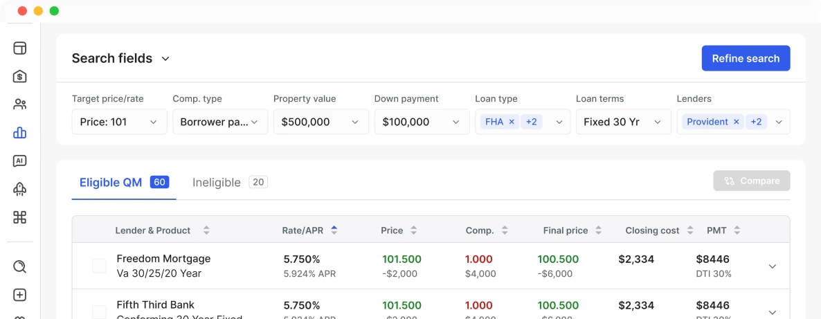 Pricing Engine search with eligible loan programs, rates and prices