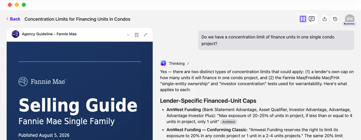 Zeitro Strata answering a condo concentration limit question beside the Fannie Mae Selling Guide