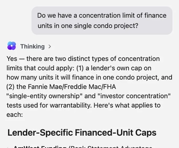 A loan officer asks Zeitro Strata about the limit on financed units in one condo project, and the answer begins